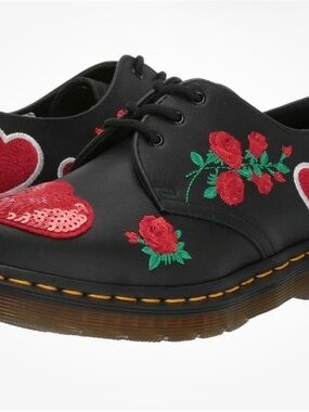 Dr. Martens Black Leather Lace-Up Oxfords with Red Rose & Heart Embroidery